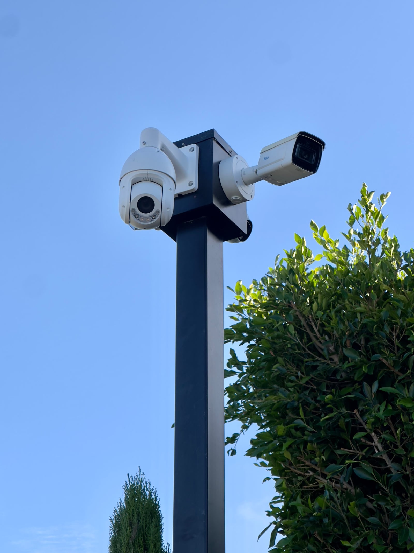 White PTZ surveillance camera installed on a pole