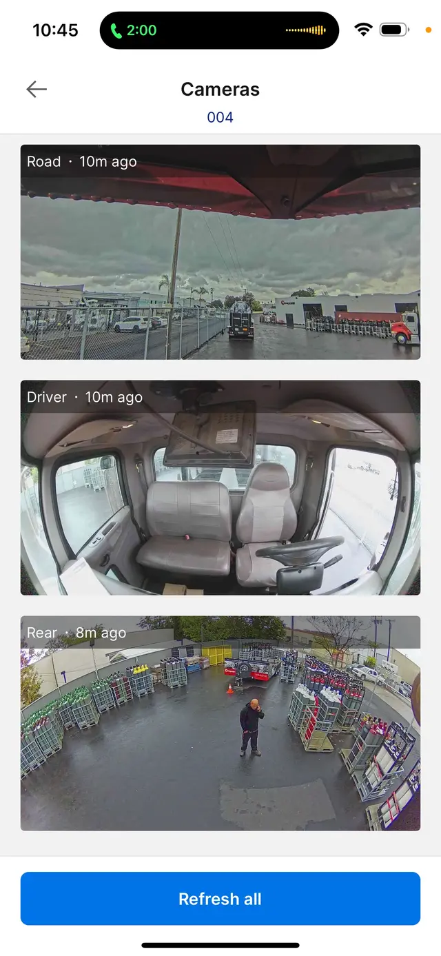 Live driver and rear views from an installed fleet camera system