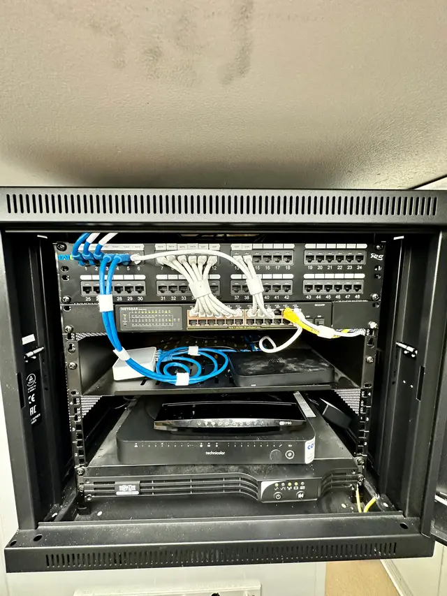 After: the same network rebuilt into a clean wall rack with patch panel