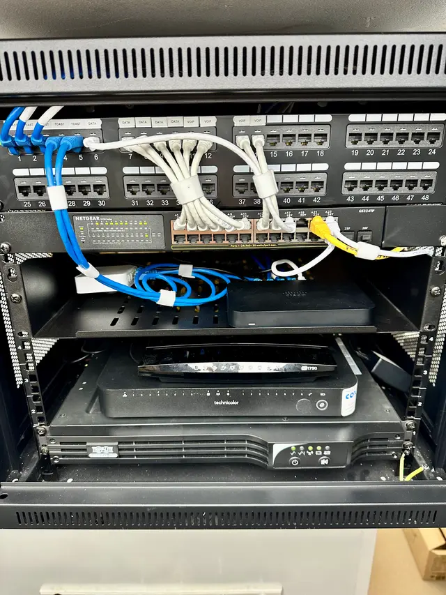 Patch panel with neatly dressed white patch cables above a business firewall