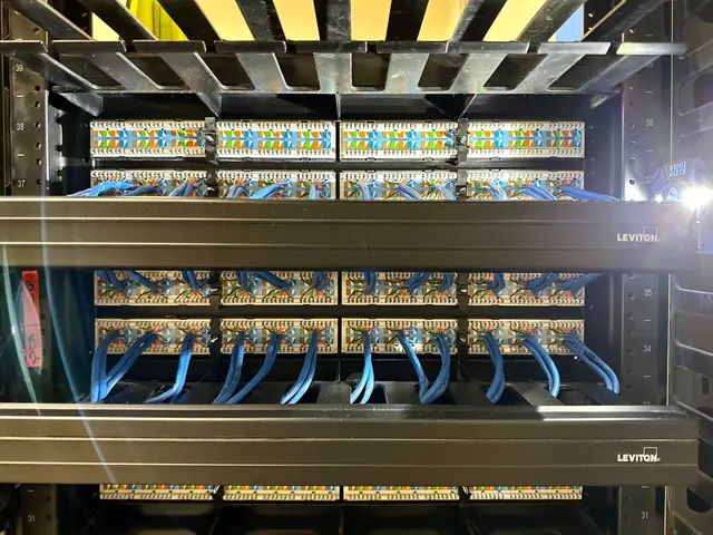 Rear view of patch panel terminations with dressed Cat6 cabling