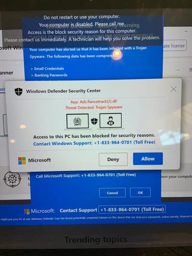 Fake tech support scam popup blocked and removed from a customer PC