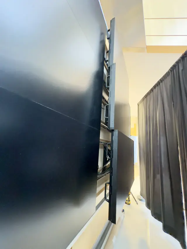 Commercial video wall mounting system installation showing display infrastructure and support framework